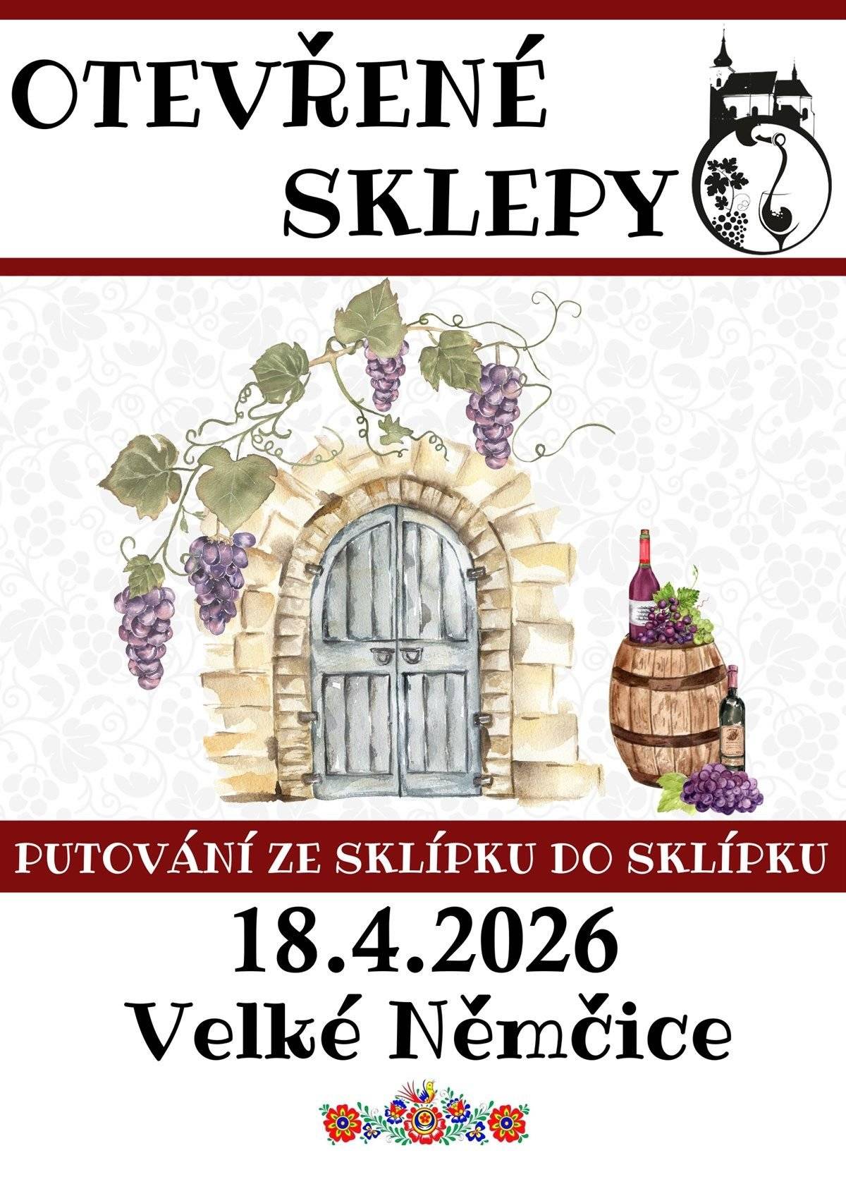 Vážení přátelé moravského vína, dovolujeme si Vás co nejsrdečněji pozvat do naší malebné jihomoravské vesnice Velké Němčice na tradiční společenskou akci - OTEVŘENÉ SKLEPY. Naše sklípky pro Vás otevíráme pravidelně každý rok už bezmála 20 let. Pojďte s námi cestou necestou po vinných sklepech našich malovinařů a ochutnejte produkty jejich celoročního snažení. Na setkání s Vámi se těšíme 18.4.2026  Začátek ve 14 hodin, od 19:30 zahraje CM Eliška. Vinaři z Velkých Němčic       a akci platí jednotné vstupné: 800,- Kč na místě nebo 700,- Kč v předprodeji         Předprodej vstupenek bude probíhat od 10.2. do 16.4.2026 na stránkách www.SMSTICKET.cz https://www.sklepyvelkenemcice.cz/vinari/