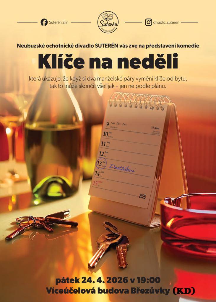 Všechny Vás srdečně zveme na:  Komediální divadelní představení Klíče na neděli ochotnického divadla Suterén.