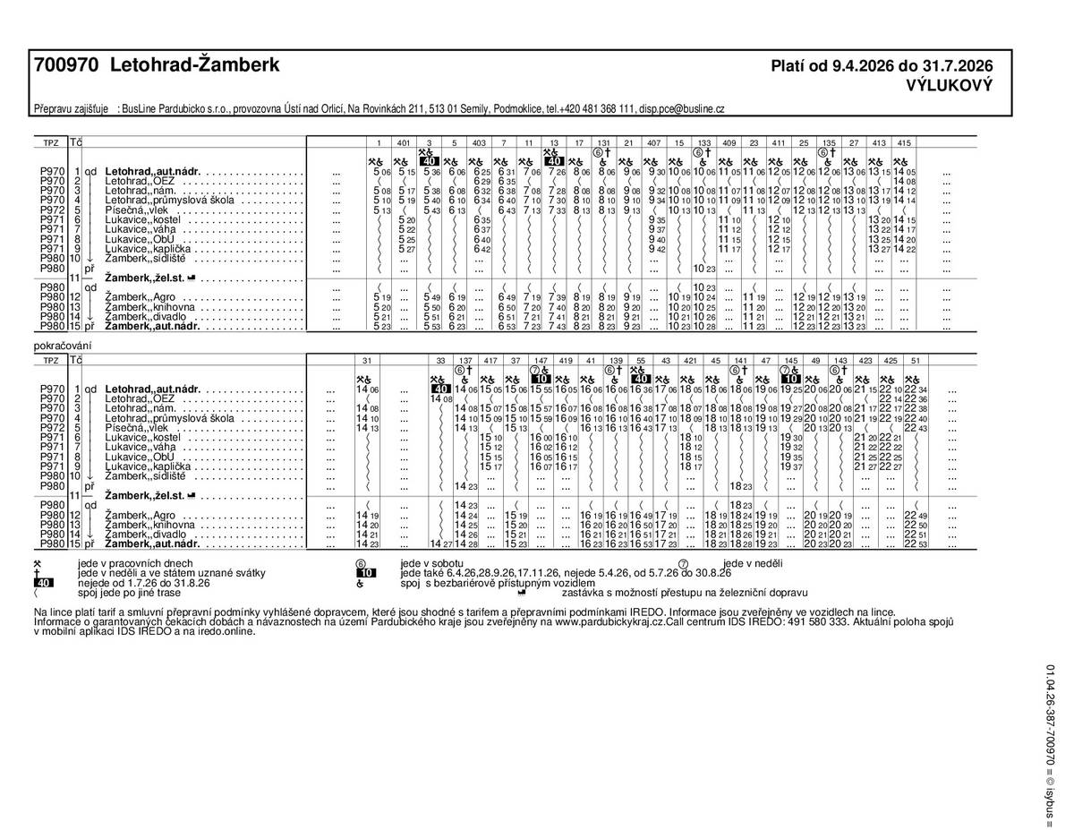 Výluka autobusů – 20.4 – 3.5.2026 při první etapě uzavírky silnice Hnátnice a Lanšperk  Autobus bude jezdit z UO přes Libchavy, Hlavnou, Žampach, Písečnou do Letohradu a zpět (z Hnátnice bude svoz na Žampach a odvoz ze Žampachu do Hnátnice). Nebude obsluhována zastávka Zámecký park – bude využívána stará zastávka v křižovatce jako dočasná (směr Letohrad) a naproti ní dočasné místo na přechodu pro chodce od domku Adam do parku - zastávka ze směru od Letohradu. Upraven je spoj Letohrad - Žamberk (přes Písečnou a Lukavici). Více v jízdním řádu.