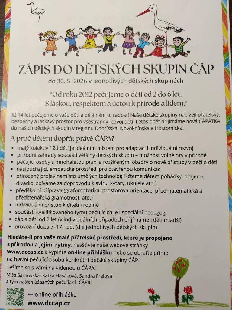 Zápis dětí do místní dětské skupiny, která bude otevřena od září tohoto roku, probíhá do 30. května.