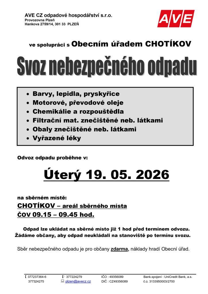 ODPAD JE MOŽNÝ UKLÁDAT V AREÁLU ČOV O VÍKENDU 16. - 17. 05. 2026    * nebudou převzaty pneumatiky  * nebudou převzaty vyřazené elektrospotřebiče  * odvoz těchto odpadů přes kolektivní systémy REMA a GREEN LOGISTIC