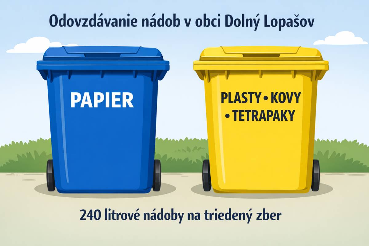 Vážení obyvatelia, počas nasledujúcich dní vám budú distribuované nádoby na triedený zber. Modré na zber papiera, žlté na spoločný zber plastov, kovov a tetrapakov.