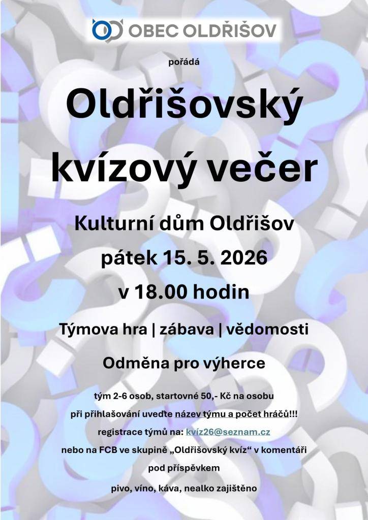 V pořadí 3. oldřišovský kvíz se uskuteční v Kulturním domě Oldřišov 15.5.2026 v 18 hodin.  Zúčastněte se se svým týmem nebo se alespoň přijďte podívat!