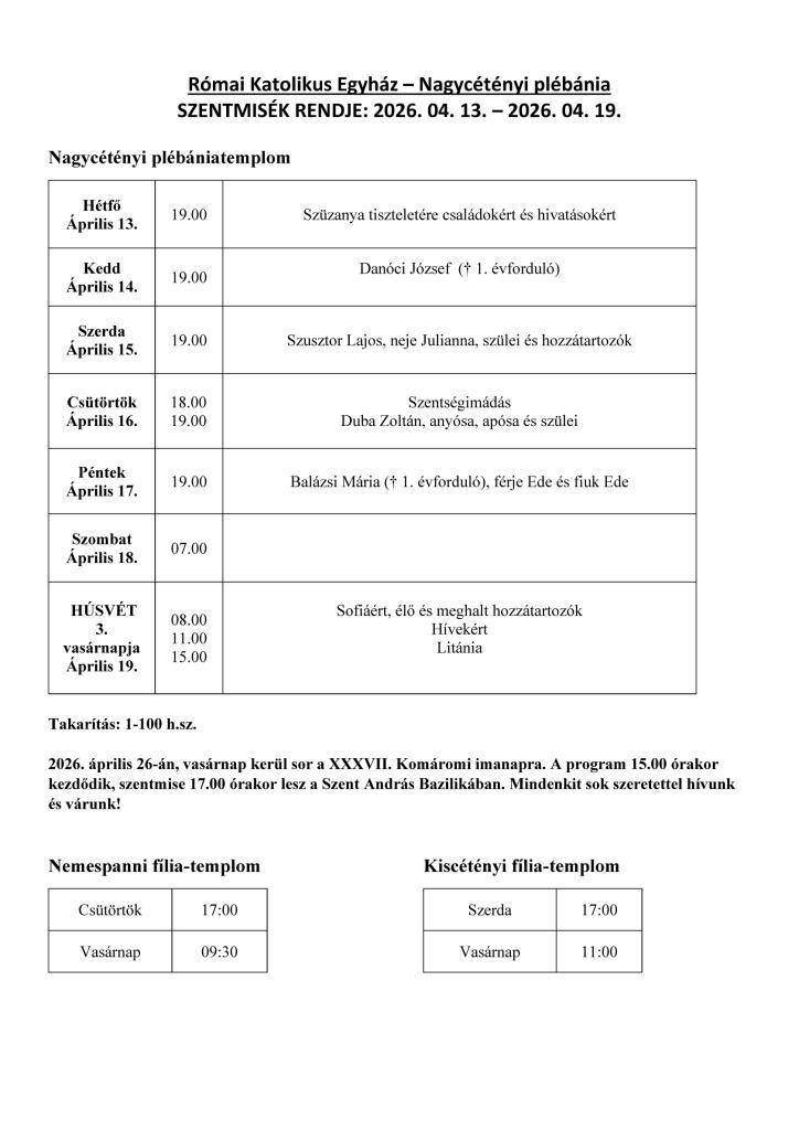 Poriadok svätých omší: 13. 4. 2026 - 19. 4. 2026