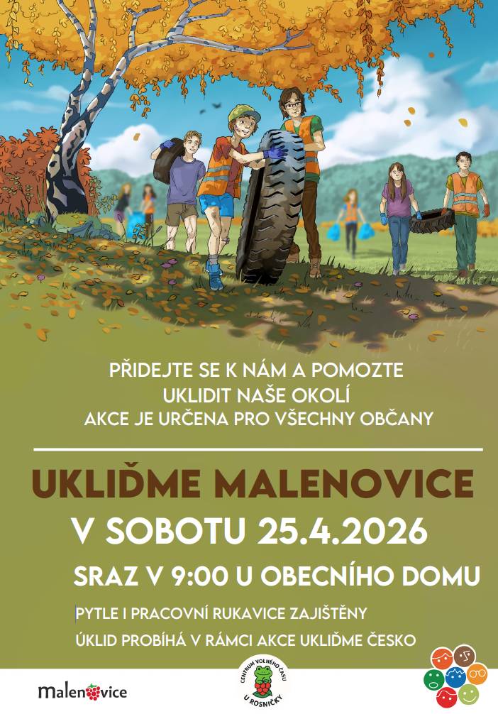 Přijďte v sobotu 25. dubna pomoci uklidit Malenovice. Sraz v 9 hodin u Obecního domu.