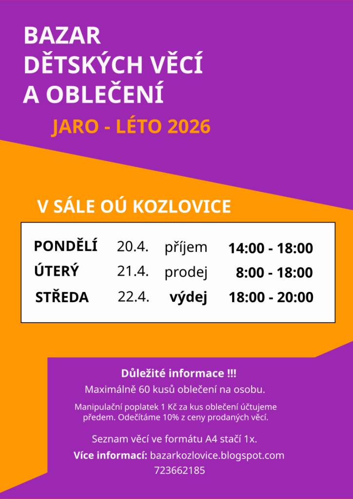 Bazárek dětských věcí a oblečení jaro-léto.  Další důležité informace viz plakát.