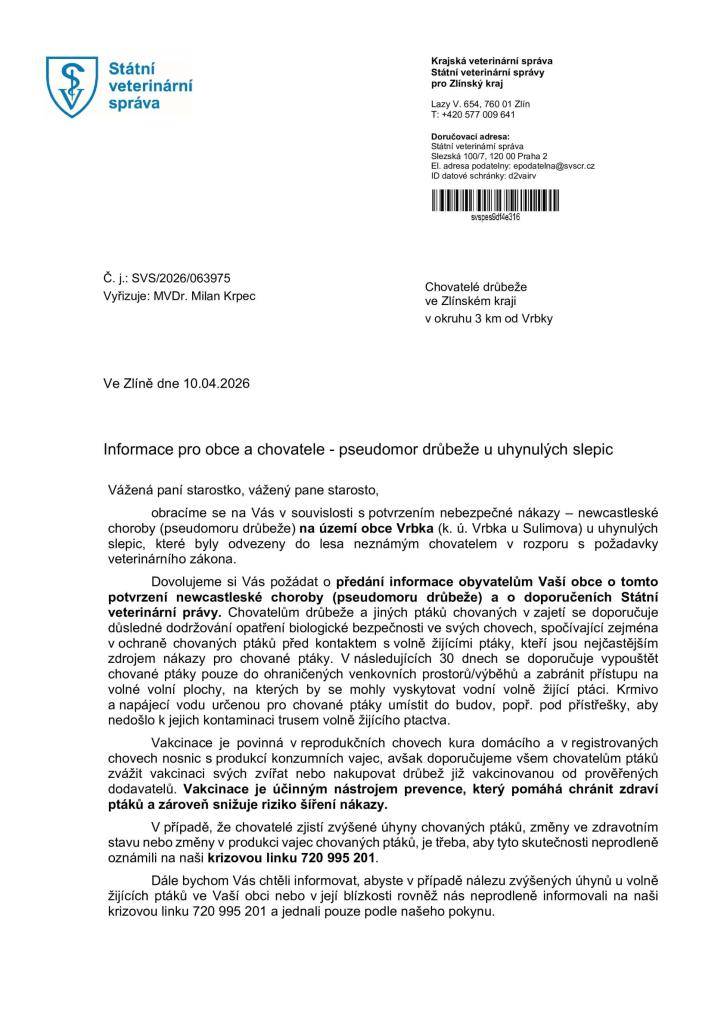 V obci Vrbka se vyskytl drůbeží pseudomor.