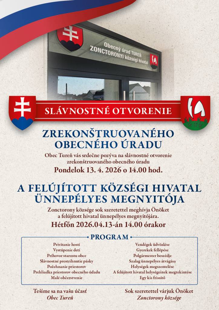 Obec Tureň Vás srdečne pozýva na  Slávnostné otvorenie rekonštruovaného obecného úradu dňa 13.04.2026 o 14.00 hod.