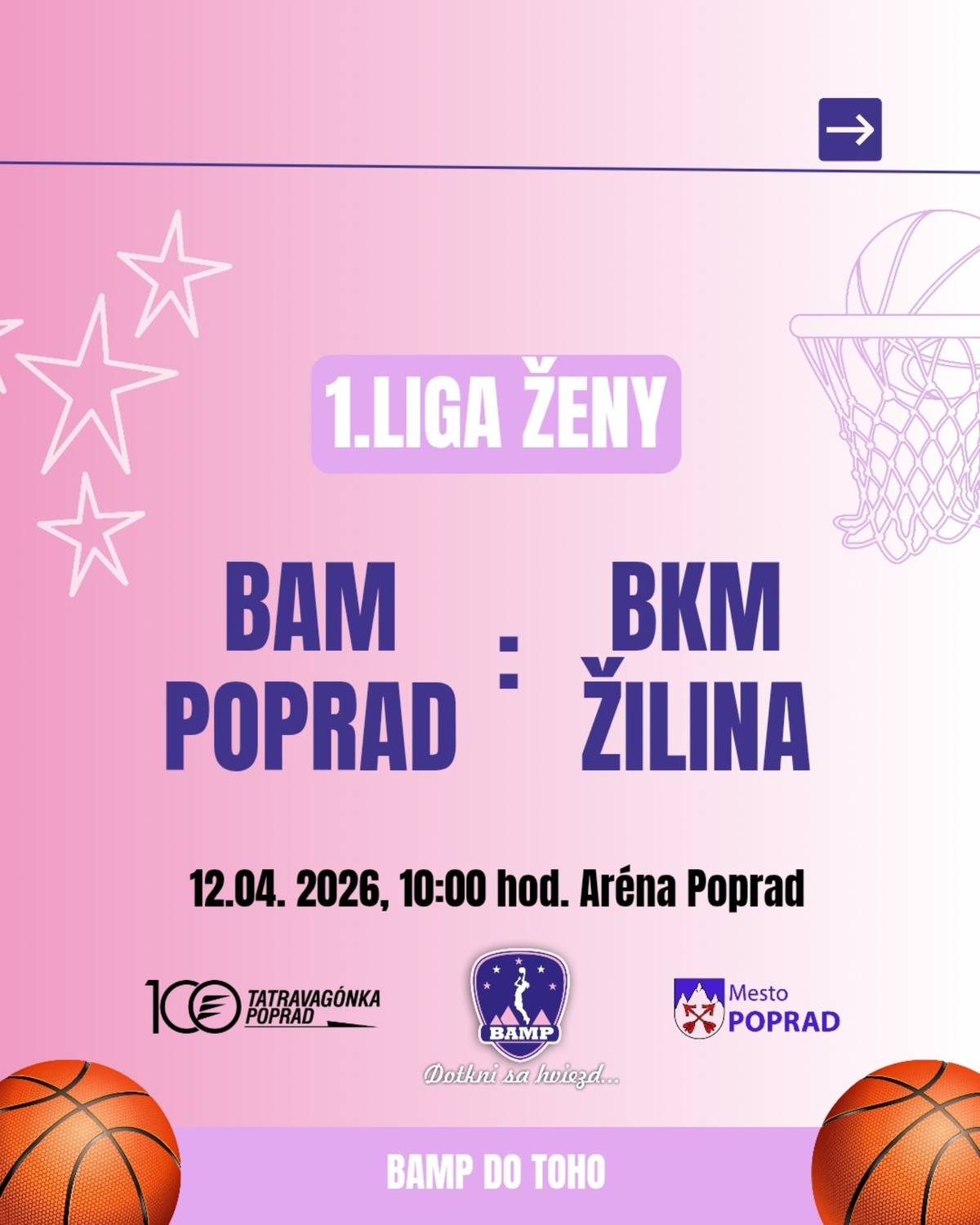 🏀Popradské basketbalistky odohrajú posledný domáci zápas základnej časti v nedeľu 12. apríla. 👉V rámci 28. kola 1. ligy žien, mladých žien U23 a junioriek U19 privítajú už o 10. hodine v Aréne Poprad tím BKM Žilina. Nájdete si cestu do hľadiska? 😉