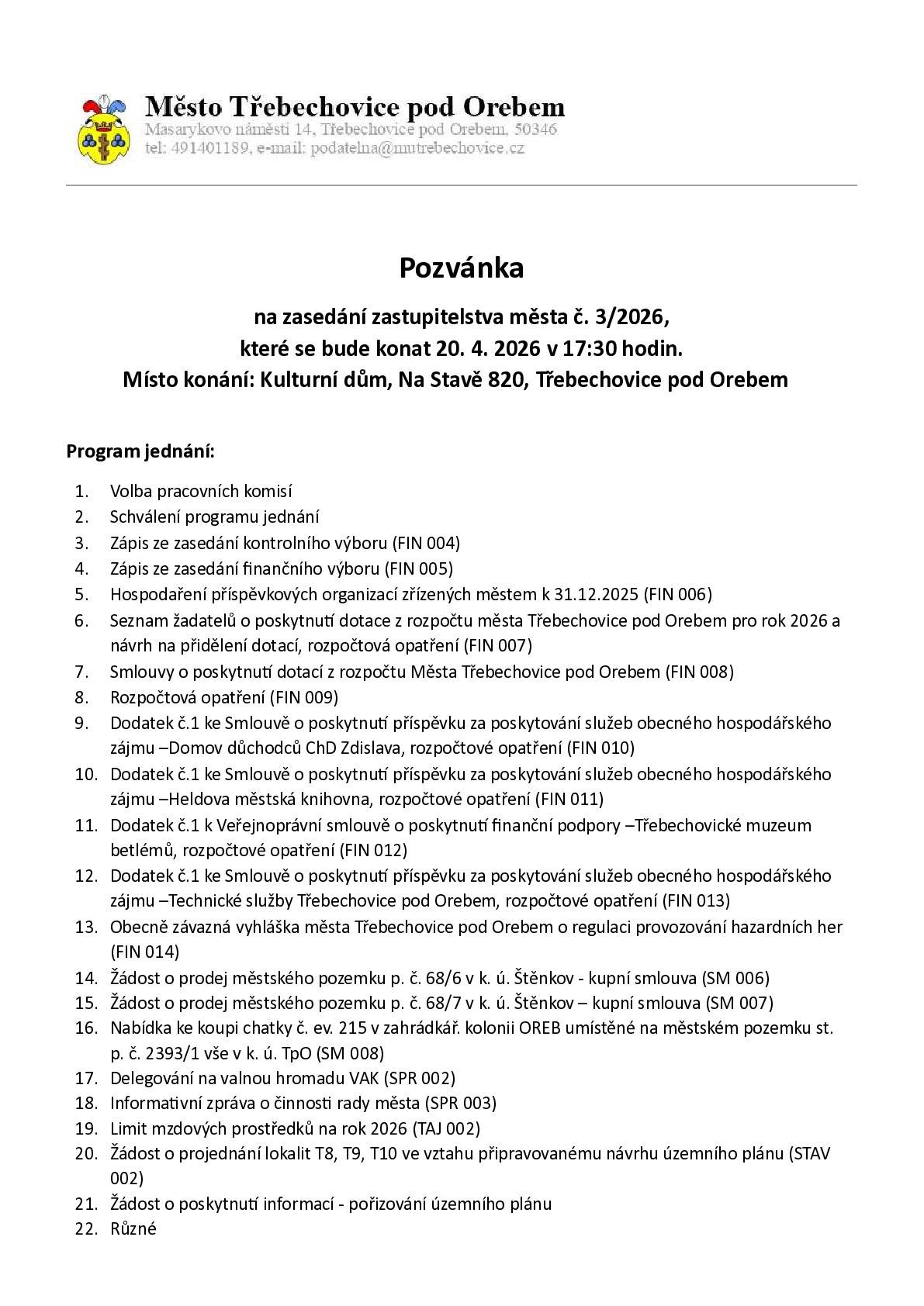 Pozvánka na zasedání zastupitelstva města