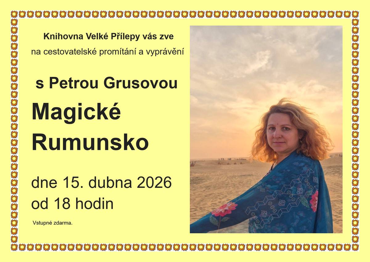 📚 Magické Rumunsko s Petrou Grusovou středa 15. 4. 2026, od 18:00, Knihovna  Vydejte se na cestu plnou cestovatelských příběhů. Vstup zdarma. 🎬 Kino  Pro děti je připraven film:  Tlapky na pedály: Velká cena Evropy pátek 17. 4. 2026, od 15:00 / 17:00, 80 Kč, CVA   Na děti čeká veselý animovaný film plný napínavých závodů, humoru a nečekaných dobrodružství.  Další informace o filmu včetně ukázky Večerní film:  Olga pátek 17. 4. 2026, od 19:00, 120 Kč, CVA   Přijďte do kina na silný dokumentární portrét Olgy Havlové, ženy, která stála po boku Václava Havla, a přesto zůstala vždy sama sebou.  Další informace o filmu včetně ukázky Rezervace vstupenek 👣 Přílepská 18 – 1. ročník pochodu sobota 18. 4. 8:00–17:00, start 8:00-9:00, Dům U Korychů – Budeč – Okoř – Dům U Korychů Vyberte si trasu 10 nebo 18 km a vyrazte do přírody. Pro účastníky je připraven drobný dárek a nápoj zdarma. Podrobnosti Nejbližší akce v obci  Večer s MUDr. Radkinem Honzákem – vážně i nevážně o tom, jak si udržet duševní rovnováhu v dnešní době 23. 4. 2026, 19:30, CVA   Hobby výstava 25. 4. 2026, 10:00-15:00, Sál U Korychů   Pálení čarodějnic 30. 4. 2026, 17:00, Fotbalové hřiště   Přednáška Fenomén Baťa – 2. část 30. 4. 2026, 18:00, knihovna  Kalendář akcí