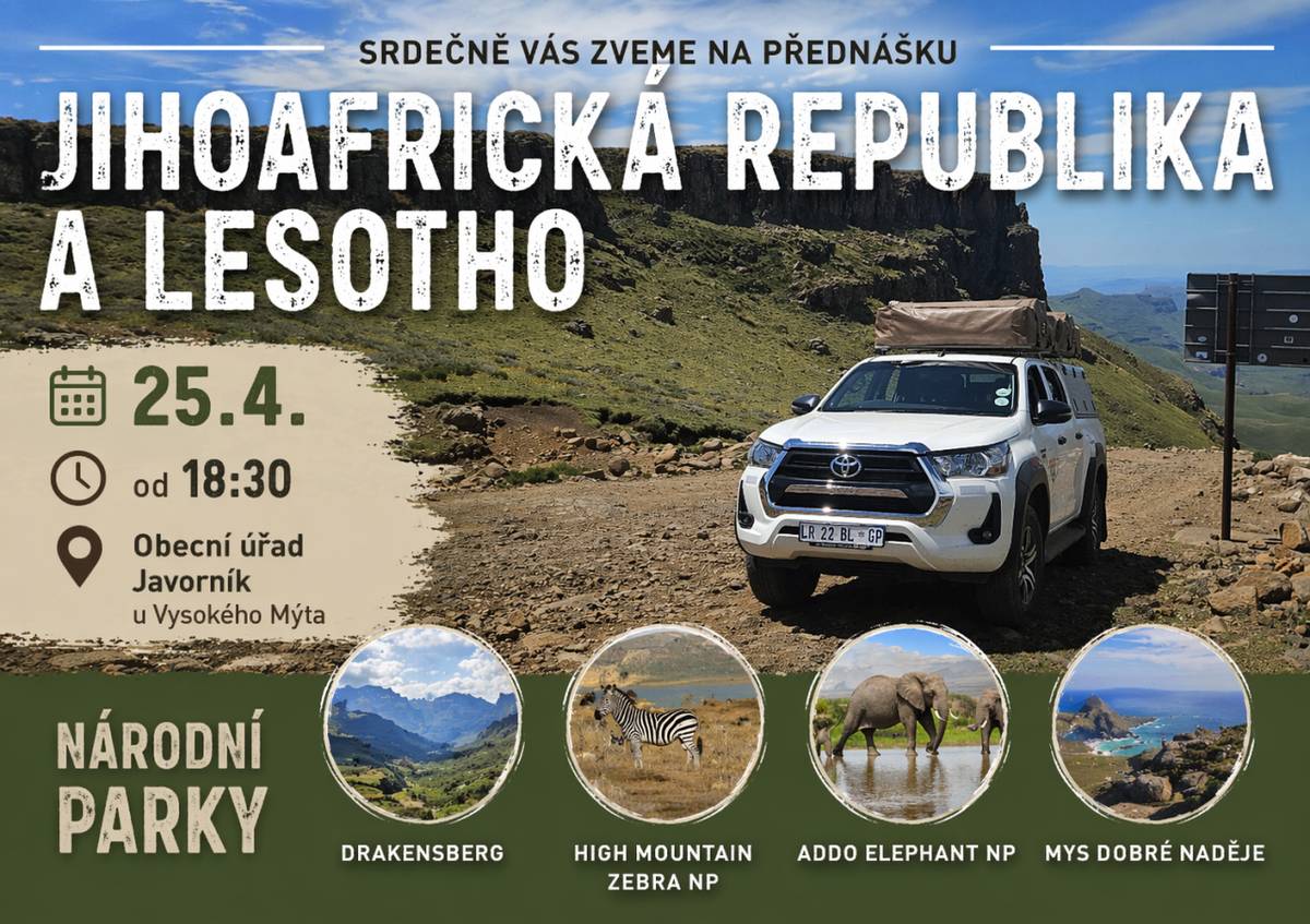 SK Javorník zve na přednášku o cestě po Jihoafrické republice a Lesothu. V sobotu 25.4. od 18.30 v budově OÚ Javorník