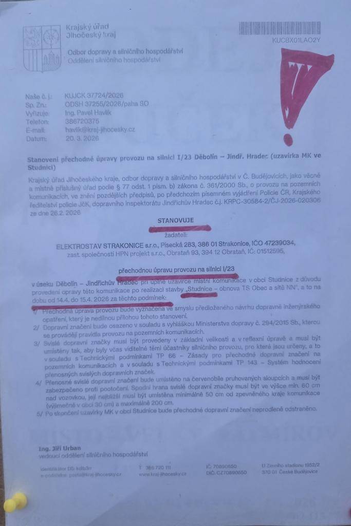 Ve dnech 14.4. a 15.4. bude uzavřena silnice mezi Velkým Ratmírovem a Studnicemi.