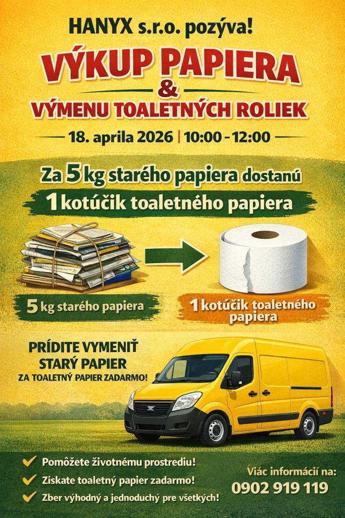 Výkup papiera sa uskutoční dňa: 18.4.2026 t.j. sobota v čase: 10:00 - 12:00 hod.