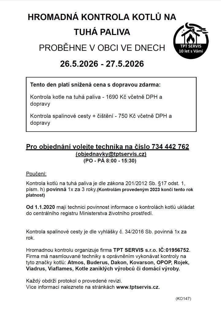 Hromadné kontroly kotlů  26.5 - 27.5.2026 - TPT SERVIS s.r.o.