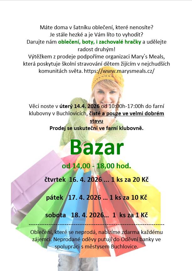 Darujte nám oblečení, boty, i zachovalé hračky a udělejte radost druhým!  16. - 18. 4. 2026
