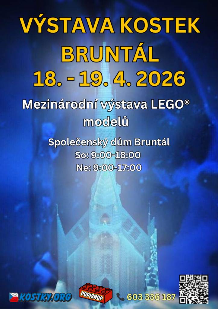 3. ročník Výstavy kostek Bruntál 2026 je tady! Přijďte 18. - 19. 4. 2026 do Společenského domu Bruntál a zažijte největší LEGO® akci ve městě! Desítky úžasných modelů. Hrací koutky a LEGO® hry. Zábava pro celou rodinu. Nechte svou kreativitu rozkvést a ponořte se do světa kostiček!