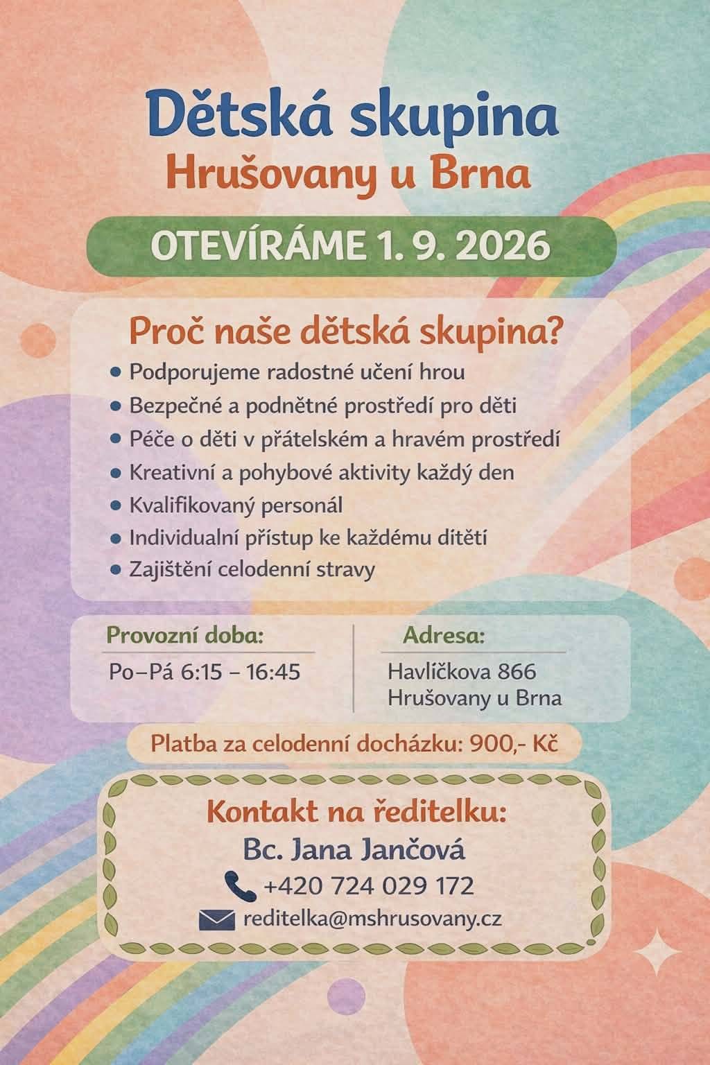 V září 2026 otevíráme dům dětských skupin na Havlíčkově ulici. 🧒   Pokud máte zájem o umístění svého dítěte do atraktivního moderního prostředí, kontaktujte prosím paní ředitelku, viz plakát. 📞📧   Foto: Kryštof Knoflíček