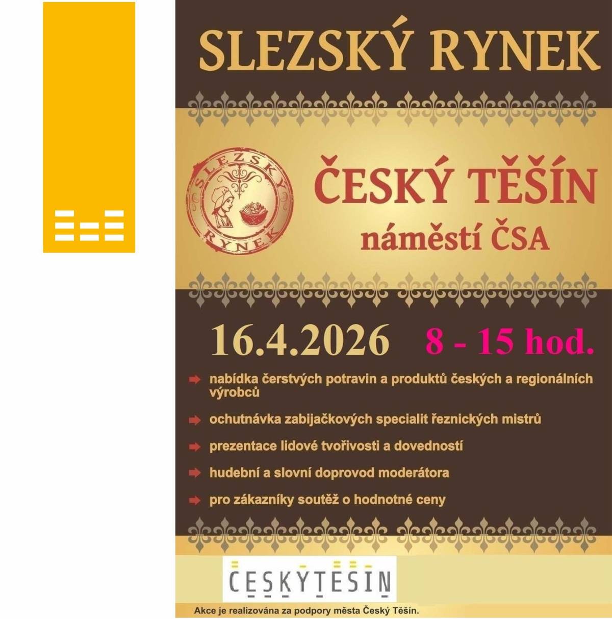 Již tento čtvrtek 16. 4. se můžete těšit na Slezský rynek. Na stáncích na vás bude čekat bohatá nabídka poctivých sýrů, specialit od řeznických mistrů i několik druhů voňavého kváskového chleba a domácích koláčků. Svou šikovnost vám předvedou také včelaři, kořenáři a další regionální řemeslníci. Přijďte si užít příjemnou atmosféru, nakoupit kvalitní lokální produkty a setkat se s lidmi, kteří svou práci dělají srdcem. Těšíme se na vás!