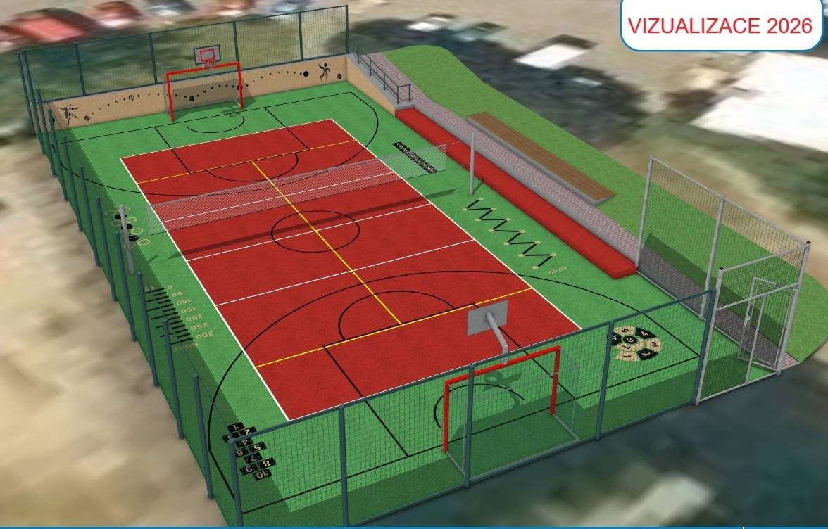 Sportovní hřiště u ulice Pod Saharou čeká rekonstrukce – položíme nový povrch a místu dodáme celkově svěžejší vzhled,  včetně barevnosti a grafiky na opěrné zdi. Návrh vznikal ve spolupráci s naší školou.
