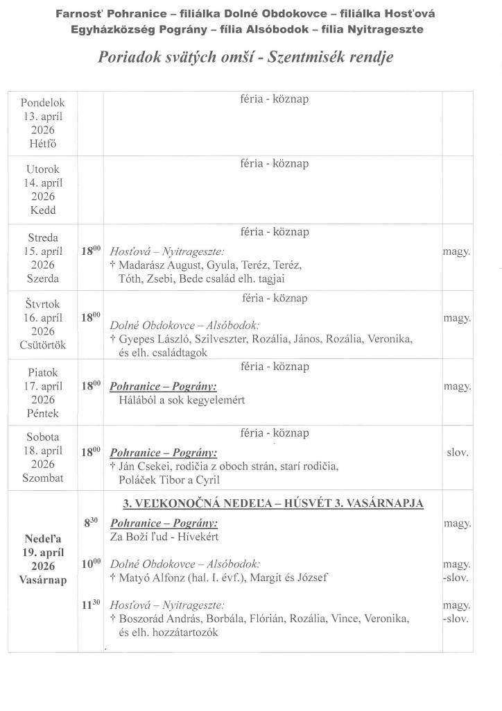 Oznamy fary - Plébániai hirdetések