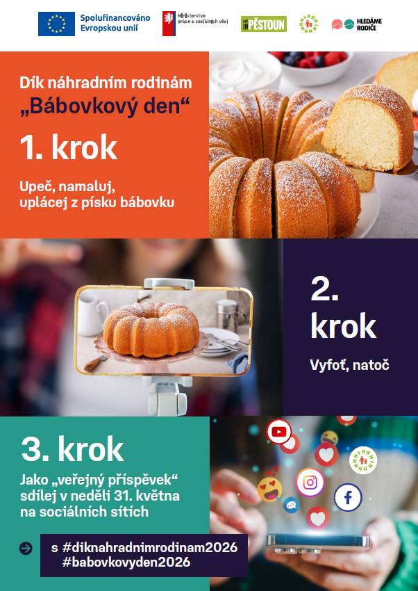 Zapojte se do výzvy Dík náhradním rodinám a poděkujte těm, kteří dávají dětem domov.    I v naší obci žijí pěstouni, kteří si zaslouží velké uznání. Podpořit je může každý – stačí upéct, vytvořit nebo nakreslit bábovku, vyfotit ji a 31. května sdílet s hashtagem #diknahradnimrodinam2026 a #babovkovy
