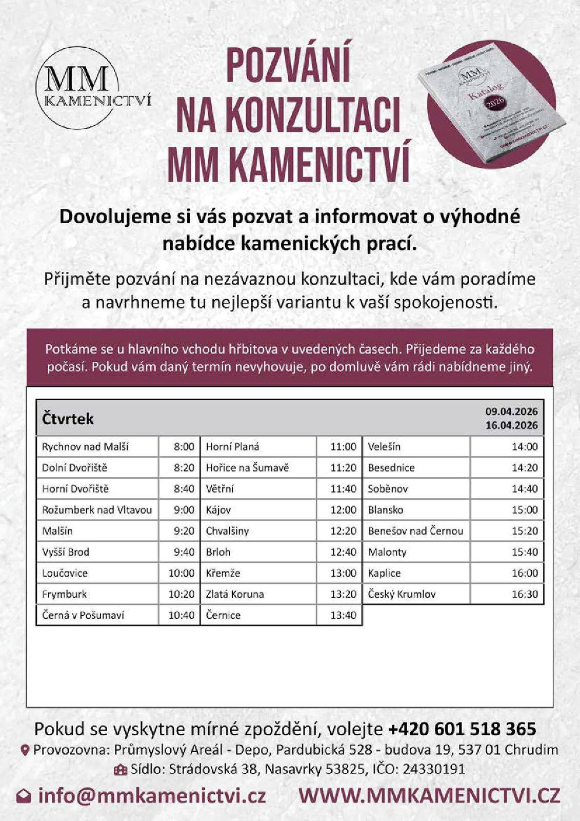 Ve dnech 9.4. a 16.4. 2026 bude na místním hřbitově poskytovat kamenické služby firma MM KAMENICTVÍ s.r.o..    Konkrétní termíny přítomnosti:   -  Horní Dvořiště - 9.4. v 8:40 a 16.4. v 8:40