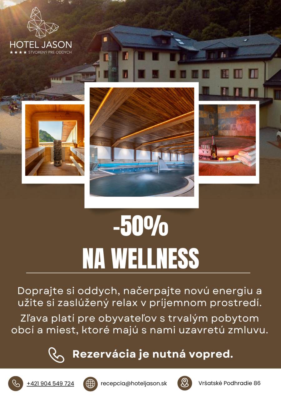 Wellness Hotel Jason vo Vršatskom Podhradí ponúka pre občanov s trvalým pobytom v Púchove zľavu vo výške 50 % na vstup (v trvaní 120 min.) do wellness...