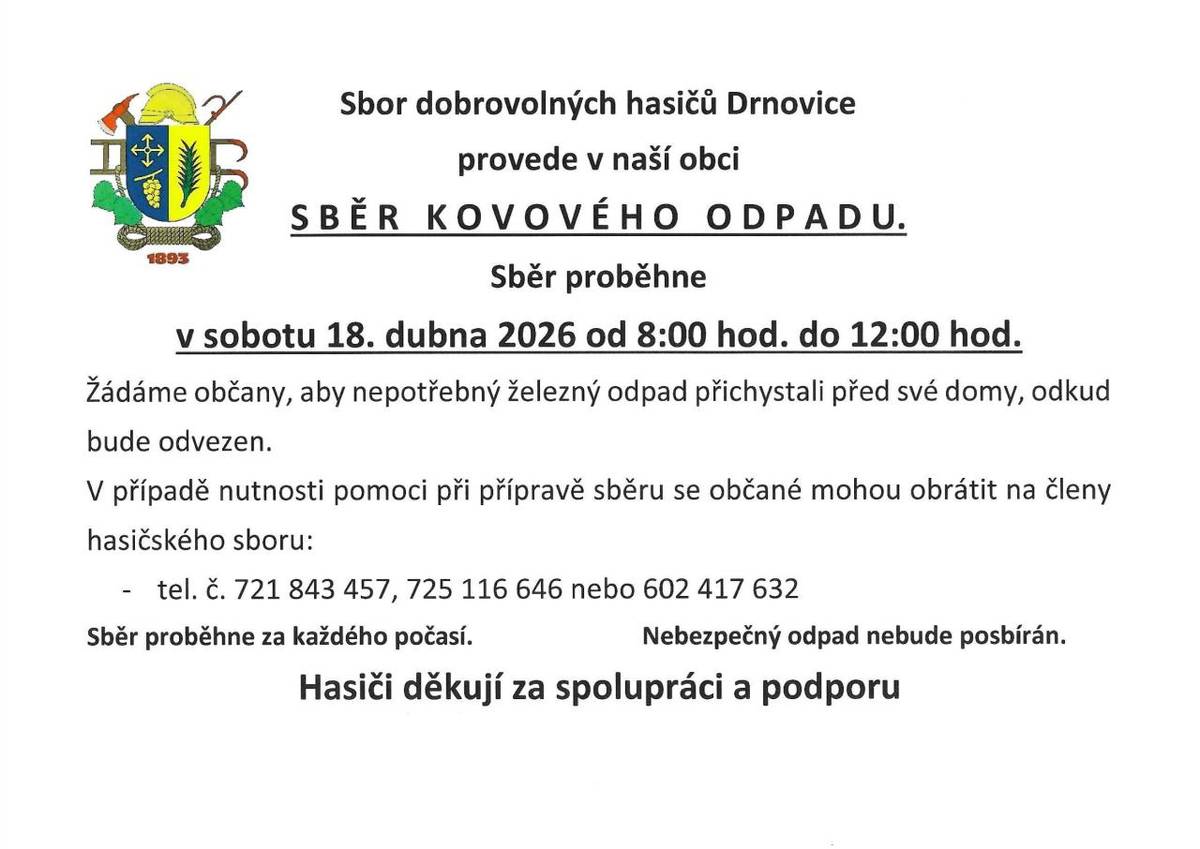V sobotu 18. dubna 2026 od 8:00 do 12:00 hodin proběhne sběr kovového odpadu.
