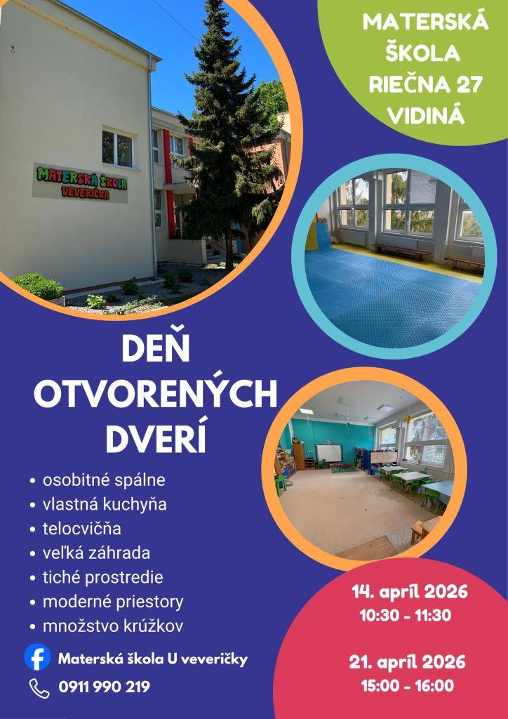 Srdečne vás pozývame na Deň otvorených dverí v Materskej škole u veveričky vo Vidinej. Príďte sa presvedčiť, čo všetko ponúkame. Ako sa hovorí, „lepšie raz vidieť ako stokrát počuť“.
