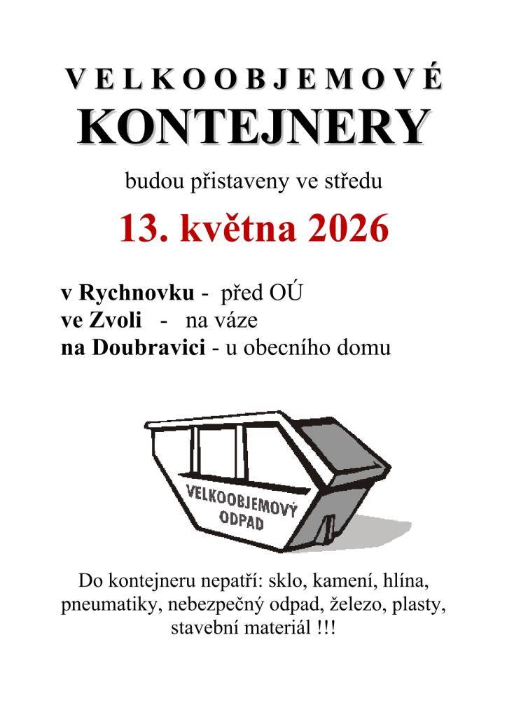 Sběrné kontejnery budou přistaveny ve středu 13. května 2026 na třech místech v naší obci.