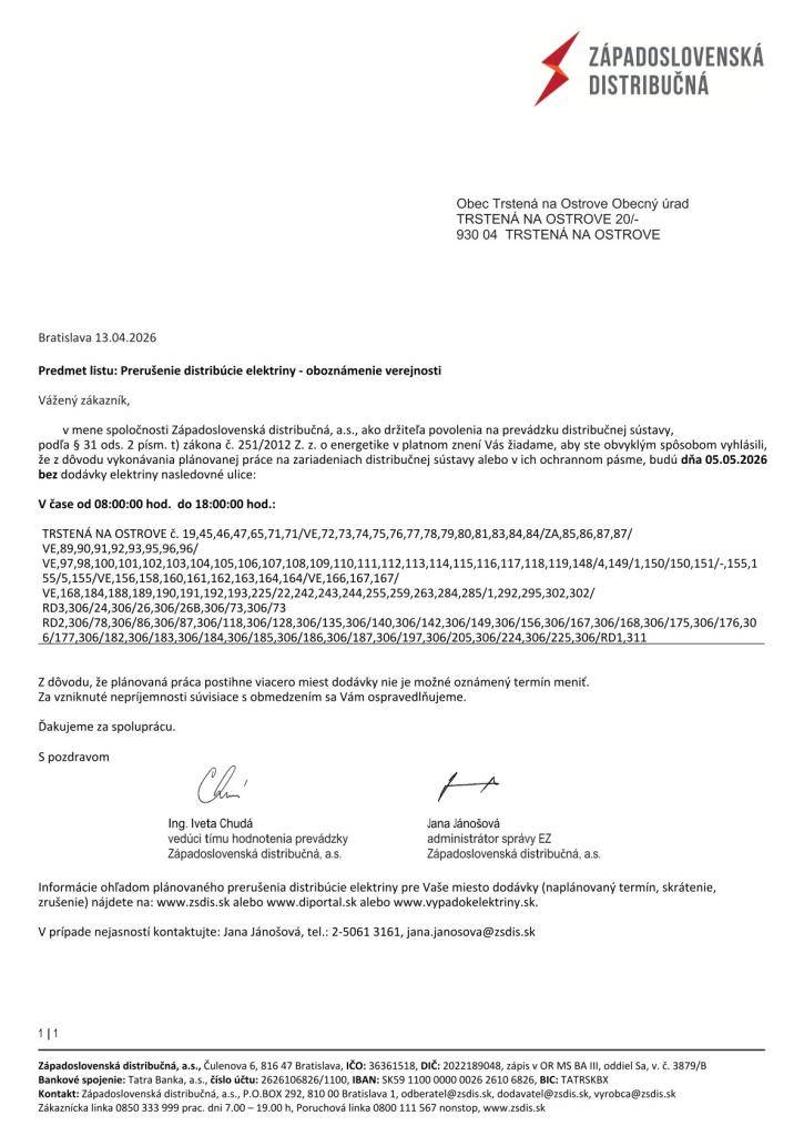 Plánované prerušenie distribúcie elektriny 05.05.2026