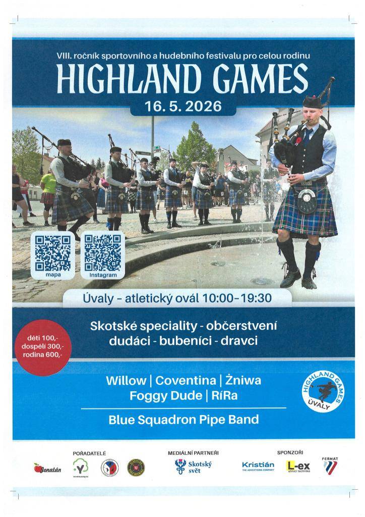 Pozvánka na VIII. ročník sportovního a hudebního festivalu,  atletický ovál - začátek v 10 hodin. Skotské speciality, dudáci, bubeníci, dravci....