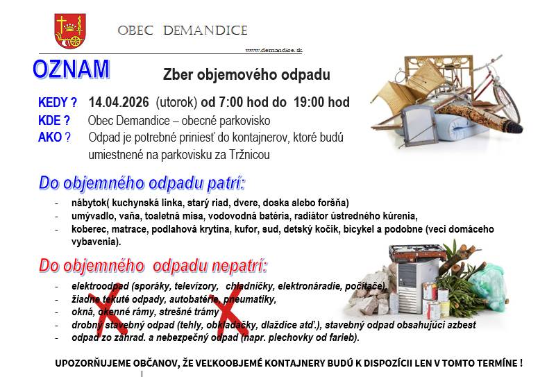 Zber objemového odpadu sa uskutoční dňa 14.04.2026 od 07:00 do 19:00 hod. na obecnom parkovisku.