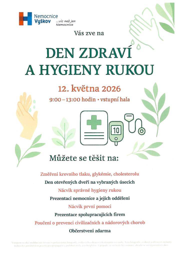 Nemocnice Vyškov zve v úterý 12. května 2026 od 9:00 do 13:00 hodin na akci Den zdraví. Zájemci si budou moci nechat změřit krevní tlak, vyšetřit cukr a cholesterol v krvi. Také si mohou pod dohledem zkušených profesionálů vyzkoušet kardiopulmonální resuscitaci.