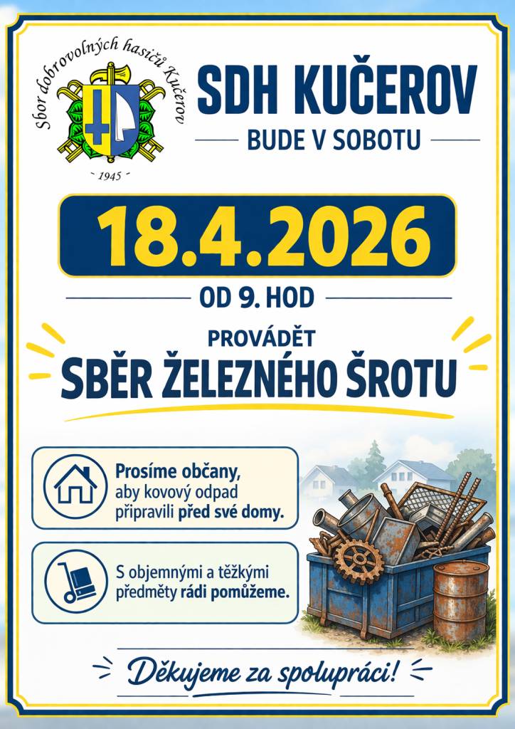 SDH Kučerov bude v sobotu 18.4.2026 provádět sběr železného šrotu