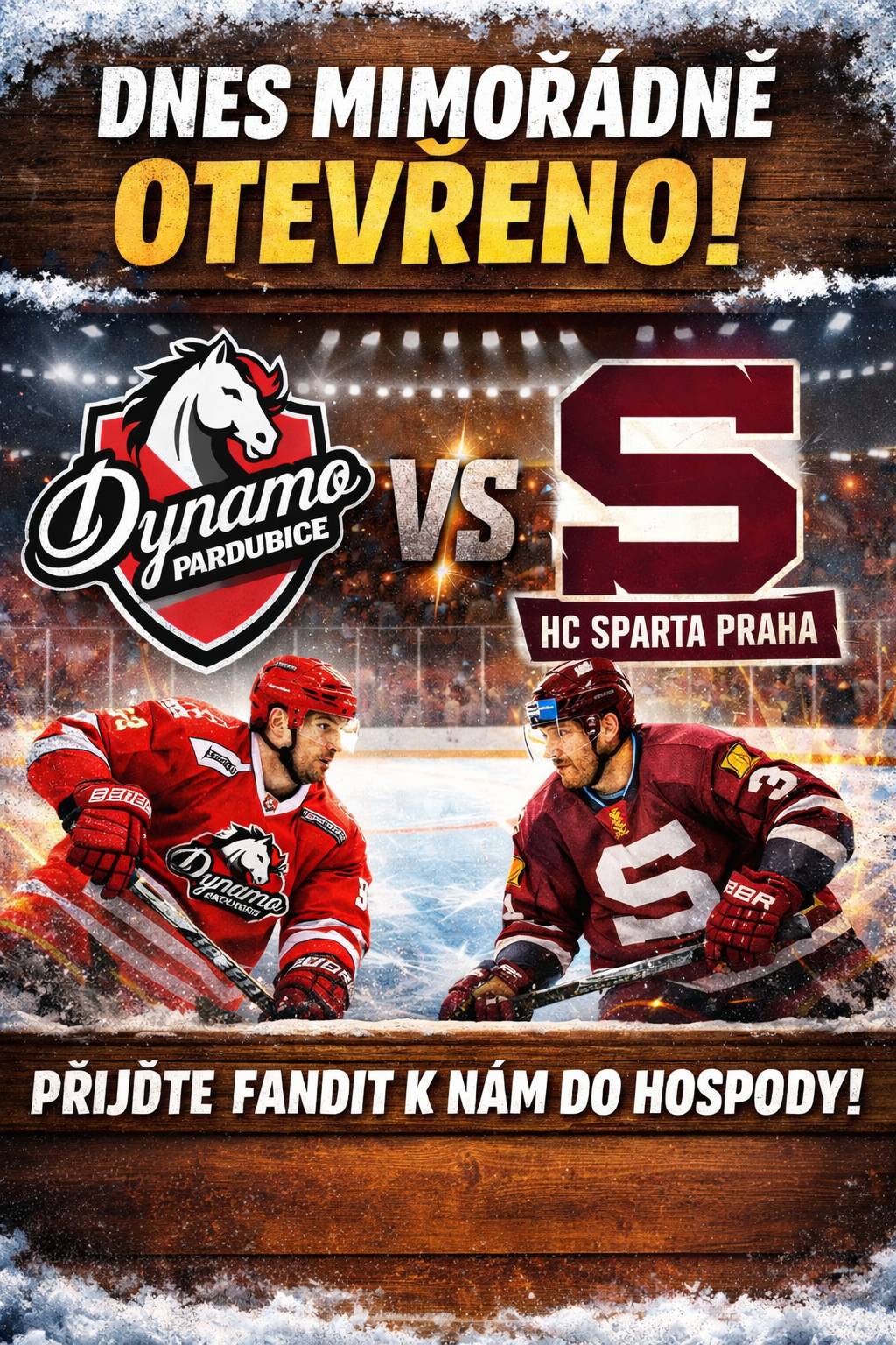 Dnes 13. 4. 2026 od 18:30 je mimořádně otevřena řetovská hospoda U Čápa. Fanoušci jsou zváni na sledování zápasu v ledním hokeji. Hraje HC Dynamo Pardubice a HC Sparta Praha.