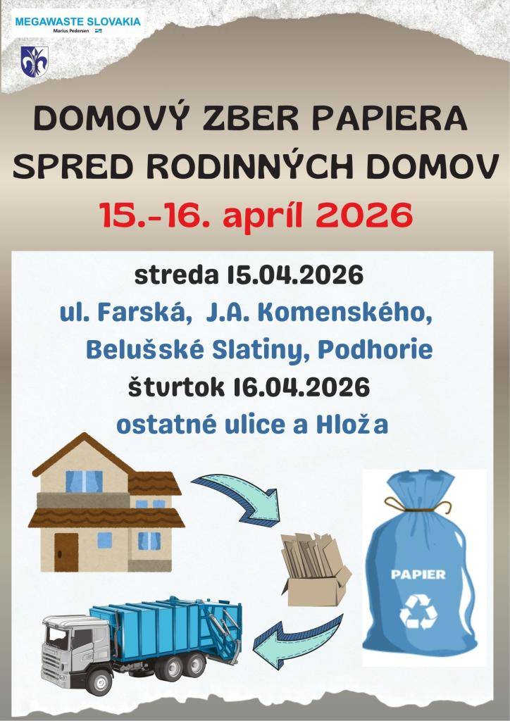 Zber modrých plastových vriec s papierovým odpadom spred rodinných domov bude túto stredu 15.4. a štvrtok 16.4.