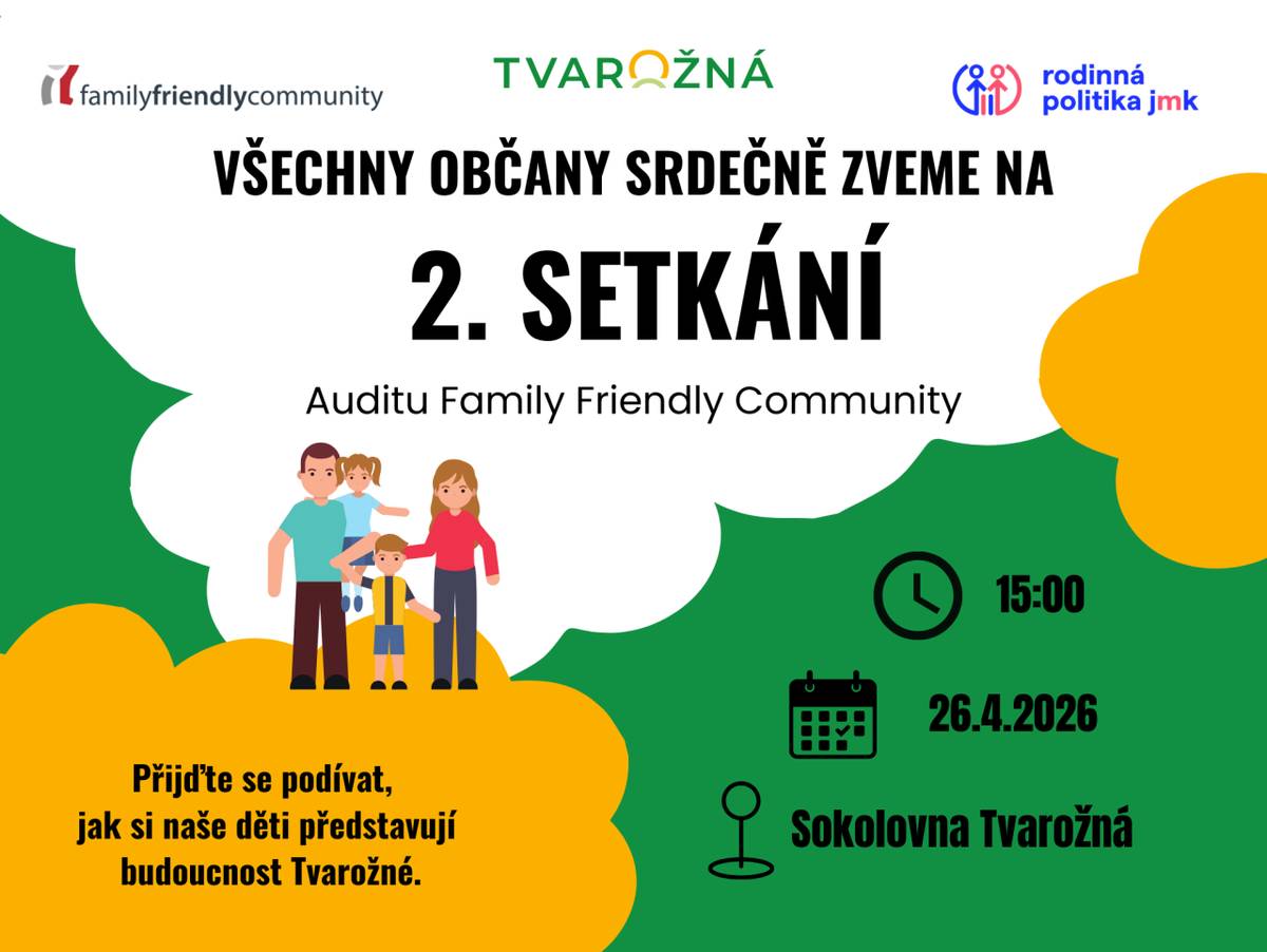 Zveme všechny občany na 2. setkání v rámci projektu Audit Family Friendly Community v neděli 26. dubna od 15:00 hod. v Sokolovně ve Tvarožné.