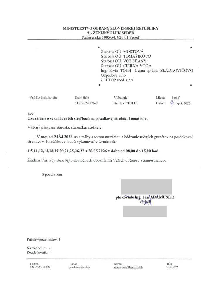 Oznámenie o vykonaní výcviku na strelnici v Tomášikove - streľby s ostrou muníciou - máj 2026