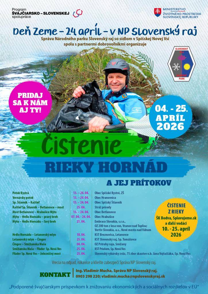Správa Národného parku Slovenský raj organizuje pri príležitosti Dňa Zeme akciu zameranú na čistenie rieky Hornád a jej prítokov. Podujatie prebieha od 4. do 25. apríla 2026 s účasťou viacerých obcí, organizácií a dobrovoľníkov