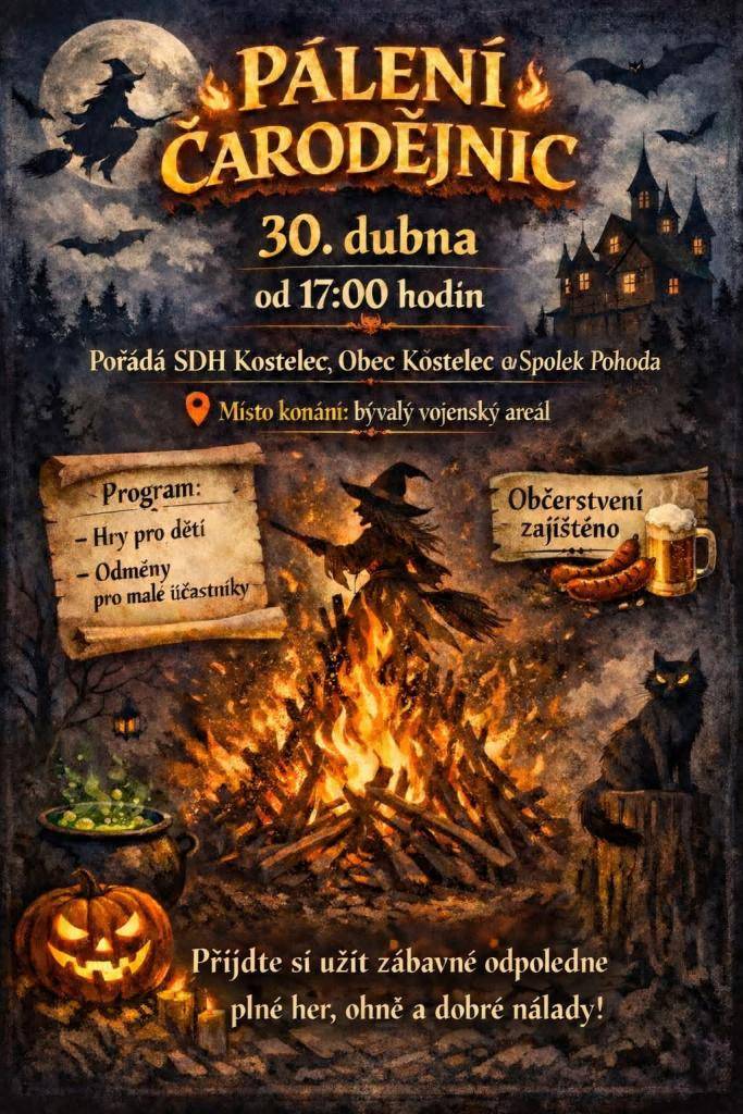 Pálení čarodějnic se koná 30. dubna 2026 od 17:00 v Kostelci u Heřmanova Městce. Akci organizuje SDH Kostelec spolu s obcí a je připraven bohatý program. Děti se mohou těšit na různé hry a odměny, které na ně čekají. Občerstvení bude zajištěno pro všechny návštěvníky.