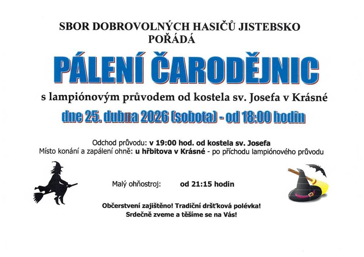 SDH Jistebsko Vás  zve  25.4.2026 na lampionový průvod a PÁLENÍ  ČARODEJNIC NA KRÁSNÉ u  hřbitova.