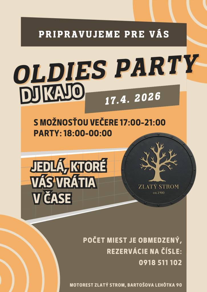 V Motoreste Zlatý Strom pripravujú nezabudnuteľný večer plný hudby, skvelej atmosféry a jedál, ktoré vás vrátia v čase. Tešiť sa môžete na špeciálne menu inšpirované rokmi minulými a hity, ktoré nikdy nestarnú. Svoje miesto si môžete rezervovať na čísle:  0918 511 102