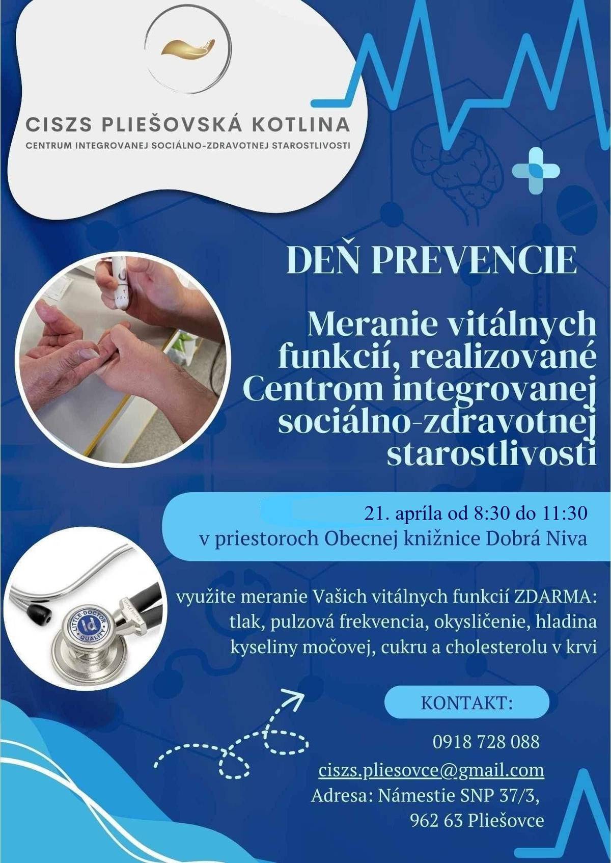Vážení občania,  radi by sme Vám dali do pozornosti meranie vitálnych funkcií, realizované Centrom integrovanej sociálno-zdravotnej starostlivosti, ktoré sa uskutoční, v utorok 21. apríla od 8:30 do 11:30 v banketovej miestnosti v budove Kultúrneho domu.  Príďte si dať zadarmo zmerať Vaše vitálne funkcie ako tlak, pulzovú frekvenciu, okysličenie, kyselinu močovú a cukor v krvi. Pripravené bude aj malé občerstvenie. Tešíme sa na Vás.