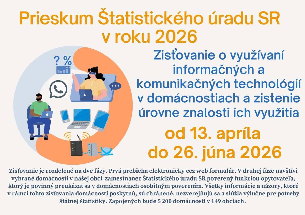 OD 13. apríla do 26. júna bude Štatistický úrad SR v 149 samosprávach zisťovať využitie informačných technológií v domácnostiach a úroveň používania týchto komunikačných prostriedkov. Budú dve fázy- cez web formulár a osobne formou návštevy povereného pracovníka v domácnosti.