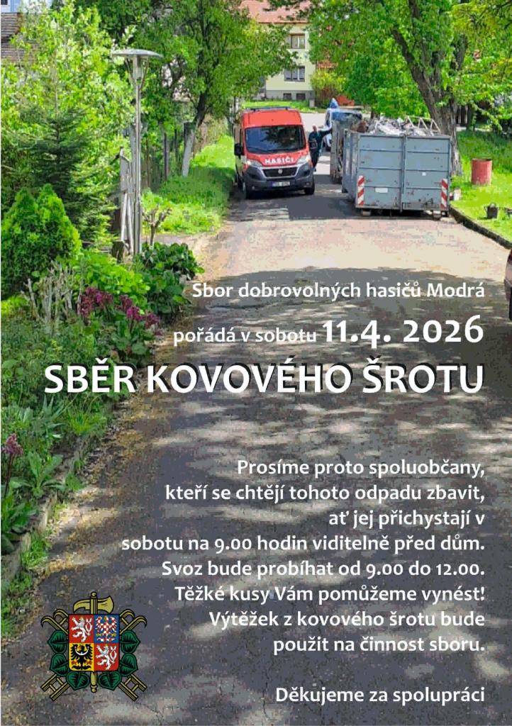 Sbor dobrovolných hasičů Modrá pořádá dne 11.4.2026 sběr kovového šrotu.