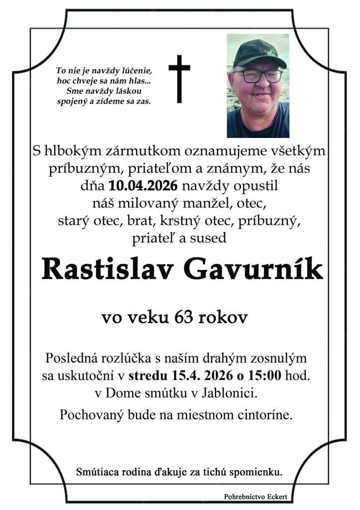 Smútočné oznámenie - Rastislav Gavurník