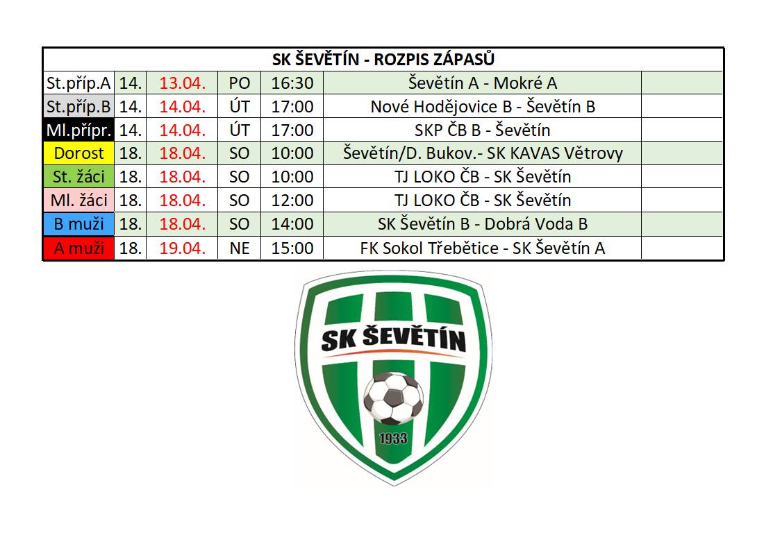 Rozpis fotbalových zápasů pro tento týden. Přijďte zafandit a podpořit hráče.