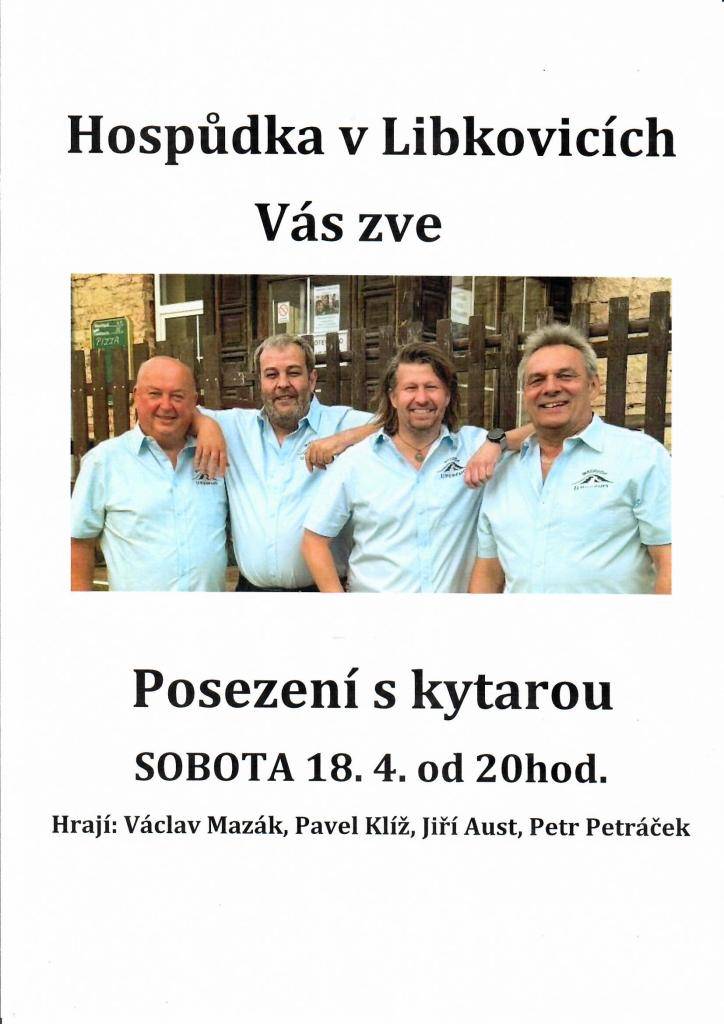 Hospoda U PETRÁČKŮ zve všechny občany na posezení s kytarou.  V sobotu 18.4. 2026 do 20:00  Hrají: Václav Mazák, Pavel Klíž, Jiří Aust a Petr Petráček.